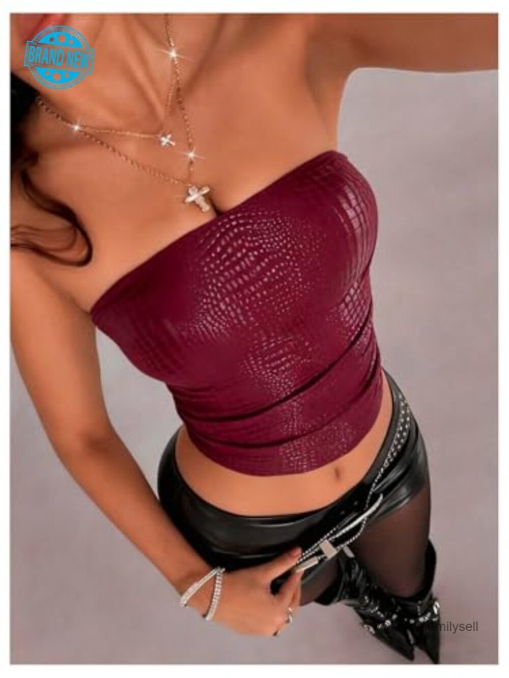 Faux Leather Y2K Bandeau Strapless Crop Top - Picture 3 of 7